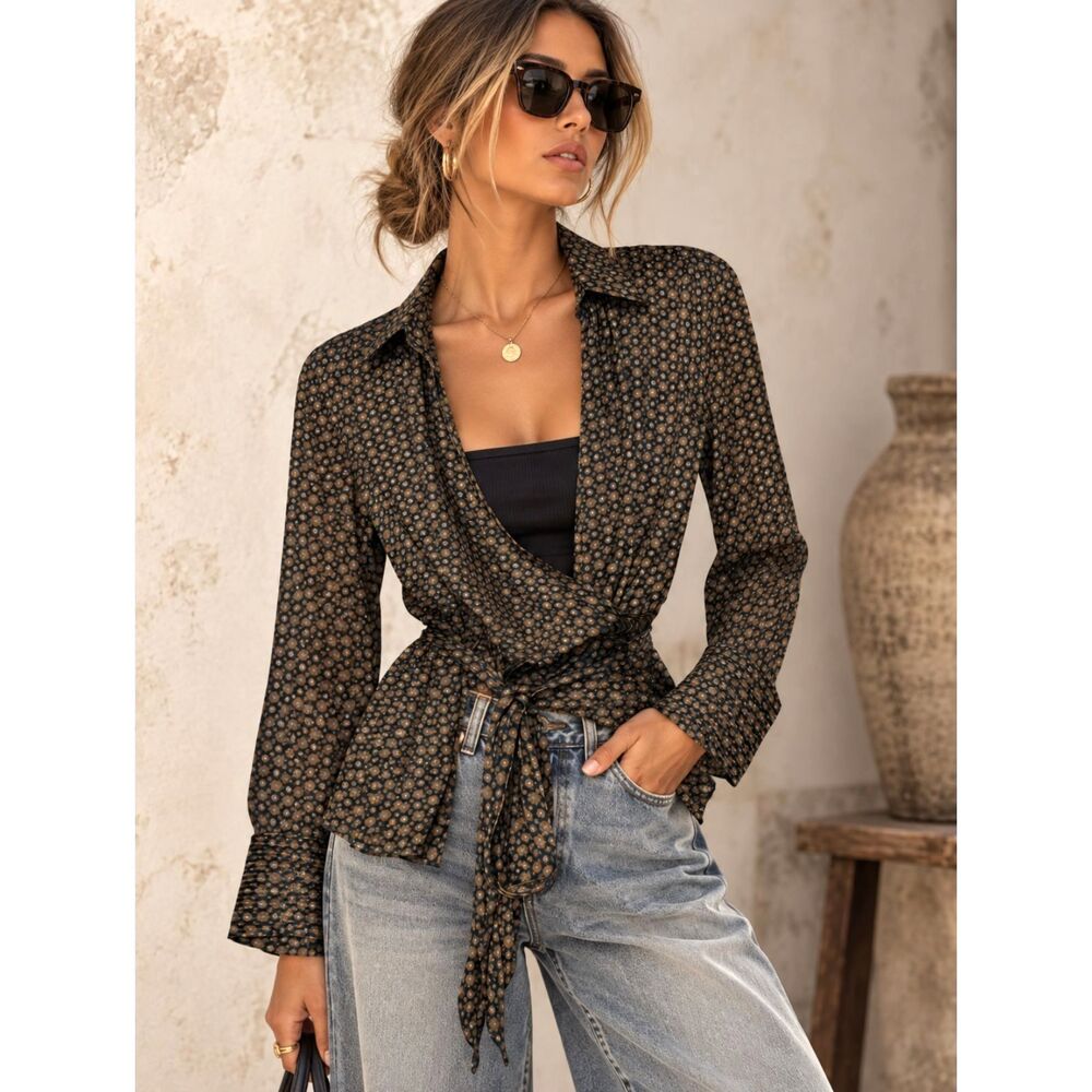 Free People Arlo Wrap Top Twilight Combo Floral Long Sleeve M
